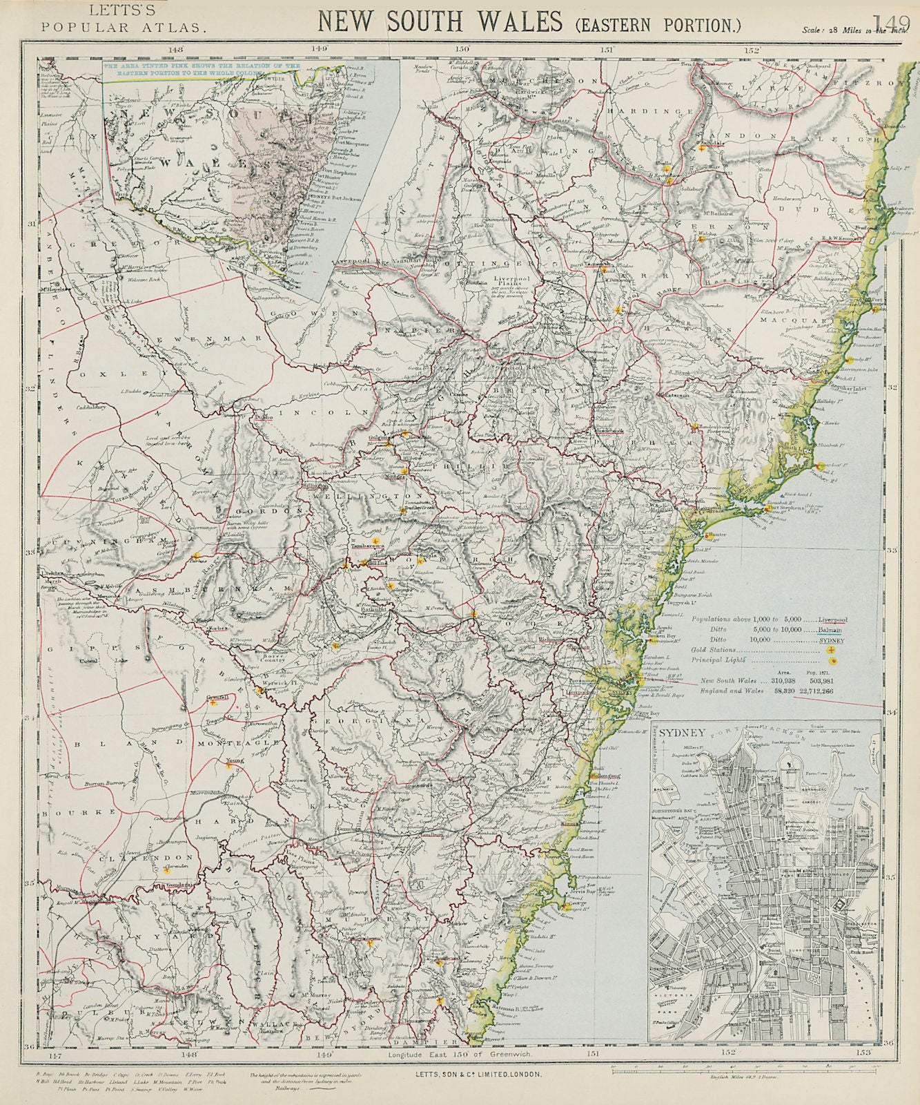 NEW SOUTH WALES showing gold mining stations. Sydney city plan. LETTS 1884 map